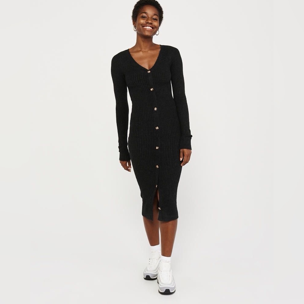 Abercrombie & Fitch Dark Gray Sweater Dress XS Button Front, Long Sleeve, Midi